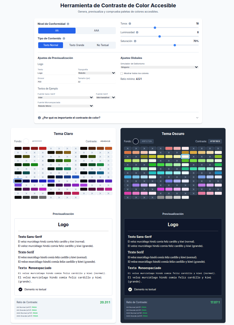 Captura de pantalla del Explorador de Colores Accesibles, mostrando las vistas de tema claro y oscuro con sus paletas de colores, controles y la zona de previsualización